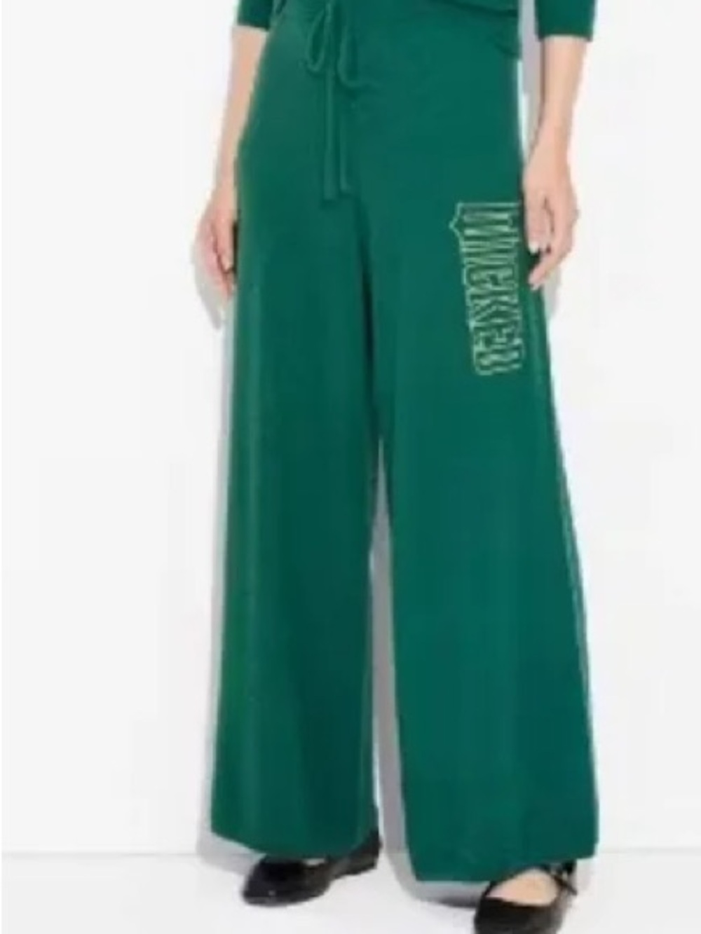 Wide-Leg Green Drawstring Track Pants with Side Graphic